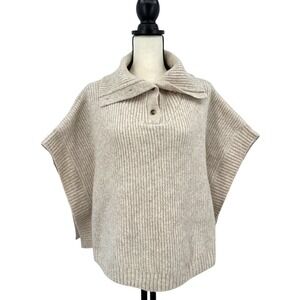 Ann Taylor Poncho Sweater Soft Beige Oversized Kimono Sleeve Button Collar XS/S